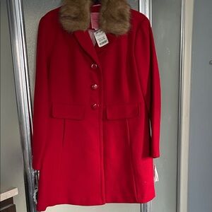 Kate Spade Red Pea Coat with Faux Fur Collar with removable collar
